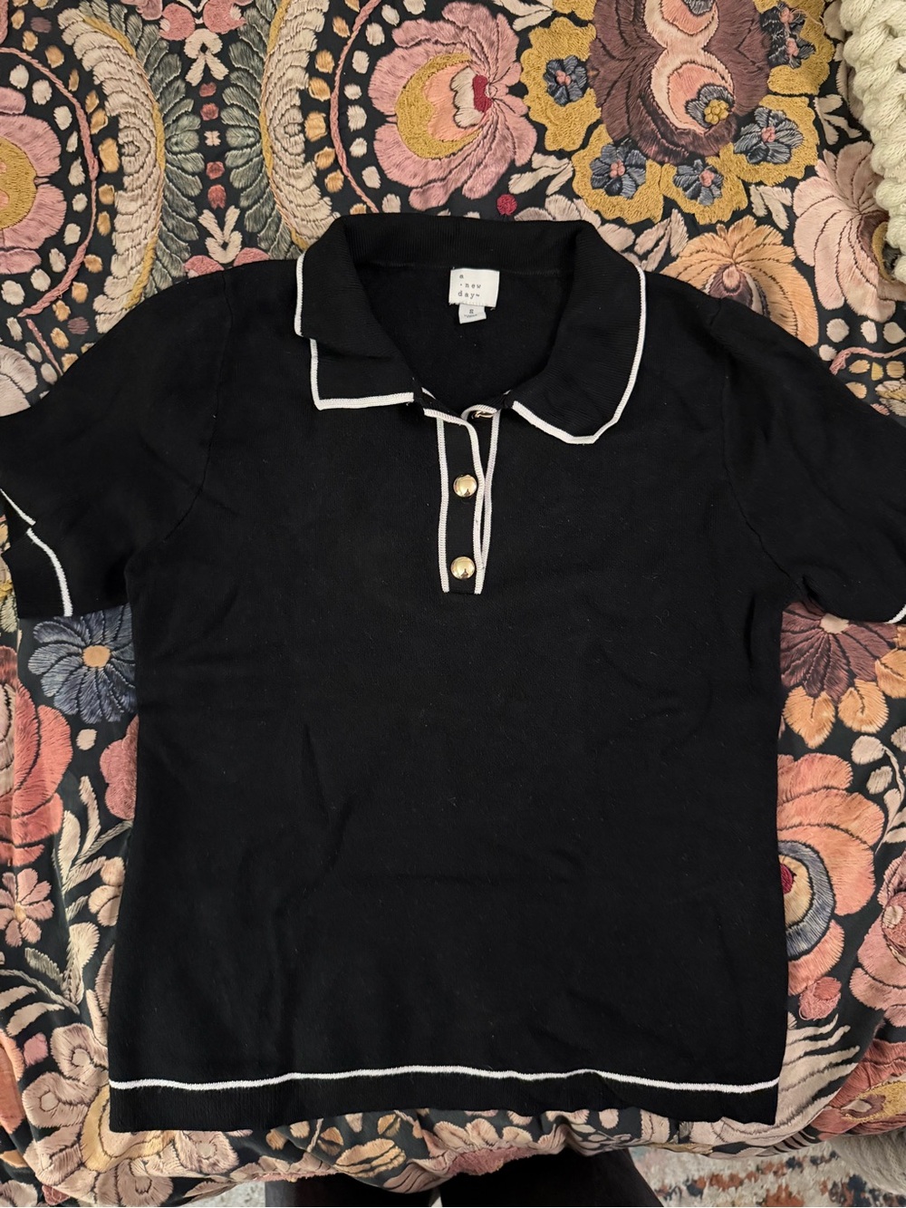a new day Black Short Sleeve Knit Polo with White Trim and gold buttons